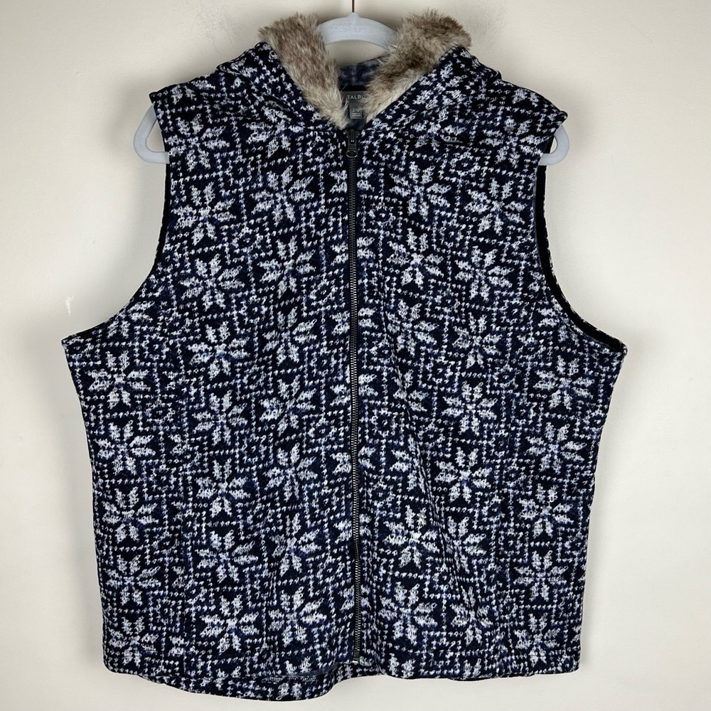 Talbots | Snowflake Print Faux Fur Trim Hooded Sweater Fleece Vest Navy | 2X P